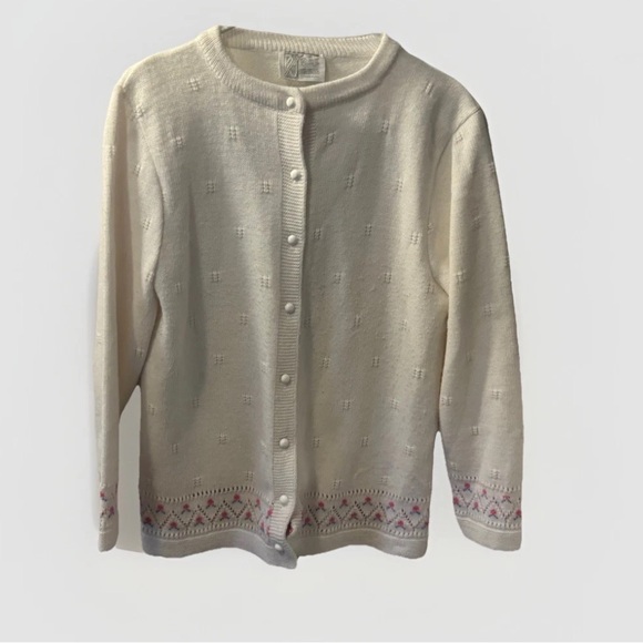 Vintage 70’s Billie Jo Women’s White Cardigan Sweater Floral Grandma Core Preppy - Picture 2 of 4